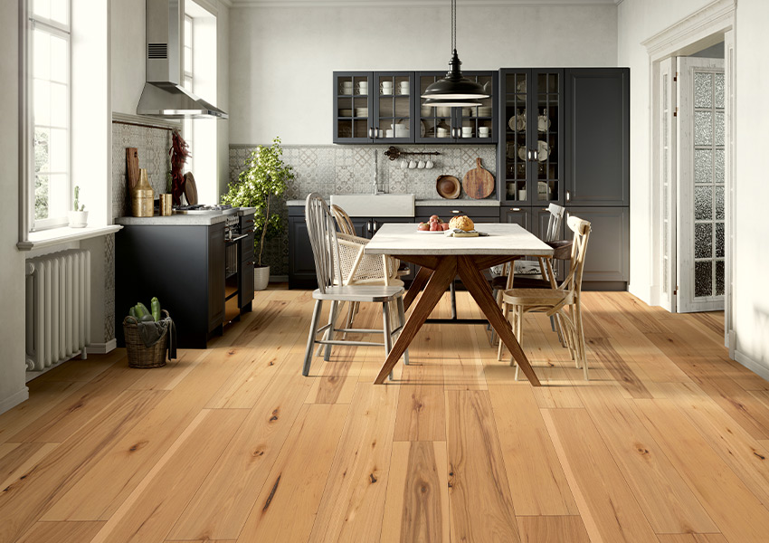 warm toned hardwood flooring in kitchen